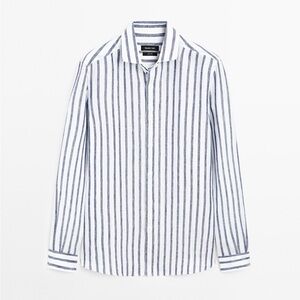 Massimo Dutti Regular Fit Striped Linen Shirt- Deep Blue